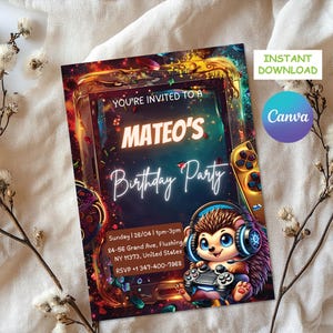 Editable Birthday Invitation Hedgehog Gamer Party | Digital Birthday Invite | Canva Template | Kids Party Digital Invite