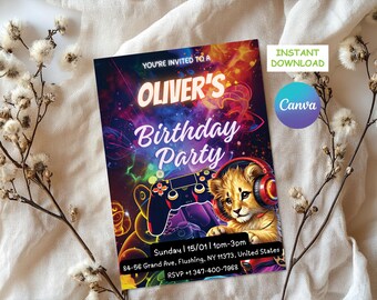 Lion Gamer Birthday Invitation: Editable Kids Party Template (Digital Invite)