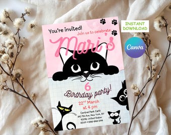 Cat Birthday Invitation Template Kitty Party Invite for Kids Editable Canva Template (Digital Download)