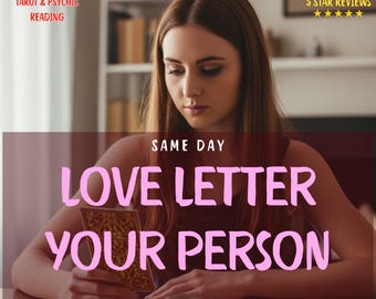 May include: A woman is holding a tarot card, with the text "LOVE LETTER YOUR PERSON" overlaid on the image. The words "DETAILED TAROT & PSYCHIC READING" and "5 STAR REVIEWS" are also visible. The image has a warm, inviting color palette.