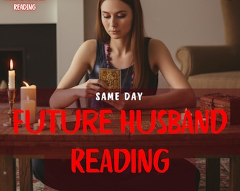 May include: A woman seated at a wooden table, holding a tarot card. The table has lit candles and a decorative box. Text on the image reads "FUTURE HUSBAND READING" and "DETAILED TAROT & PSYCHIC READING". The image also includes "5 STAR REVIEWS".