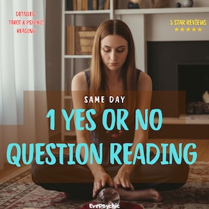 Puede incluir: Una mujer sentada sostiene una bola de cristal. El texto de la imagen dice "DETAILED TAROT & PSYCHIC READING" y "1 YES OR NO QUESTION READING". El fondo presenta una estantería y una chimenea.