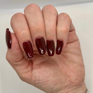 Set van 10 handgeschilderde gelkunstnagels voor korte, extra korte kist of korte amandel herbruikbare bordeauxrode pers op nagels en applicatiekit.