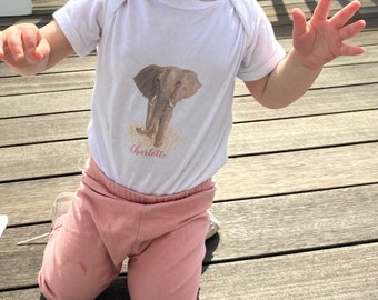 Personalized Baby Bodysuit with Elephant Illustration and Child's Name, Personalized Custom Unisex Shower Gift for Girl or Boy or New Parent