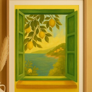 Afdrukbare kunst mediterraan raam met uitzicht – Muurdecoratie citroenboom kust – Italiaanse digitale downloadposter kustlandschap