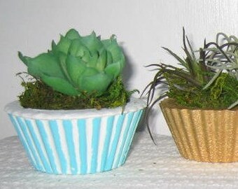 Hand-Painted Concrete Cupcake Planter: Faux Succulent Pot, Trinket Holder