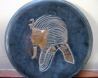 Vintage Copper Metal Egyptian "King Tut" Plate  10" Diam.