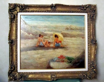 Vintage Judd Gallet Beach Scene Oil Painting with Gilt Frame (31x27)