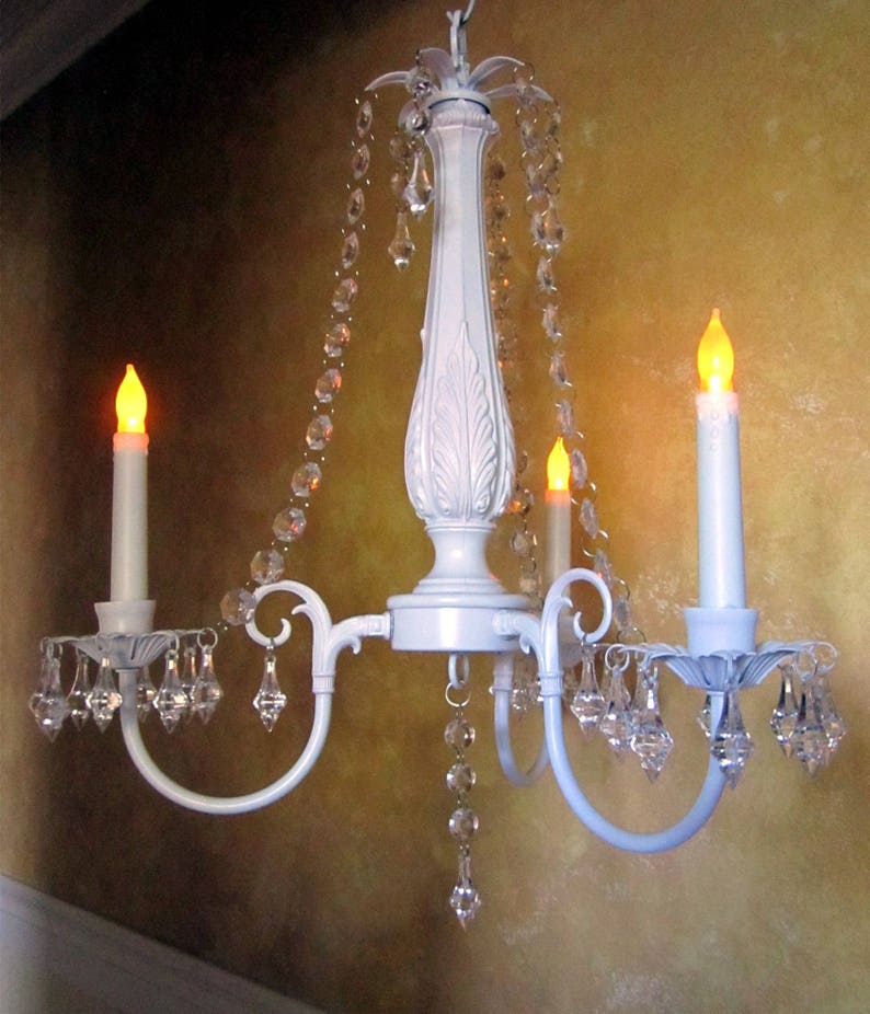White Hanging Chandelier Candle Holder Oak 3 Arm