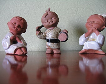 Vintage Japanese Children (set of 3) Terra Cotta Pottery Figurines, Made in Japan