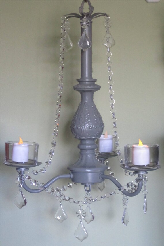 Grey Hanging Chandelier Candle Holder Oak 3 Arm With Image 0