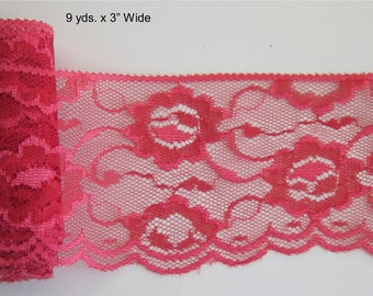 Red Flowered Scalloped Lace Trim: 3" x 9 Yards