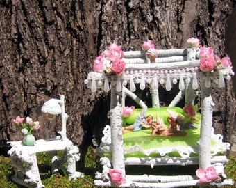 Woodland Canopy Fairy Bed And Table with green comforter & pillow, trimmed with vintage faux pearl trim and roses with Lamp and Vase