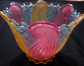 Vintage Hand Painted Glass Chandelier Shade Candle Holder/Pink-Orange/Aqua/Art Deco Design