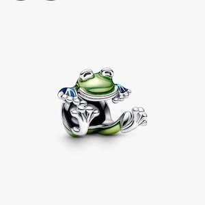 May include: A silver frog charm with green, blue, and black enamel detailing. The frog is depicted in a seated pose with outstretched limbs. The letters "GS" are visible in the top left corner.