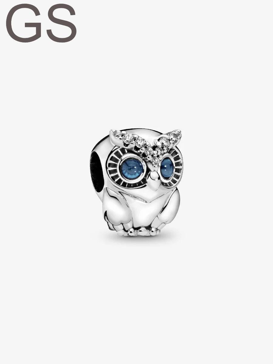 Sterling Silver Owl Charm | Cubic Zirconia, European Bracelet Bead/Chrismasgift/Giftforher