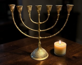 Brass Menorah 7-Branch Candle Holder Vintage Solid Brass Made In India 9.5" Tall