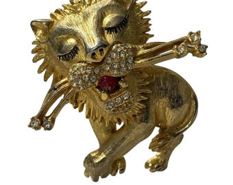 RARE Lion Brooch Pin Vintage Large Enameled & Rhinestone Inset Figural Sleeping