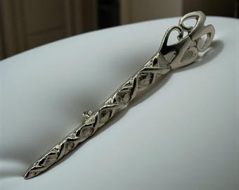 Vintage Art Nouveau Revival Bar Brooch Ornate Silver Tone Textured Open Work