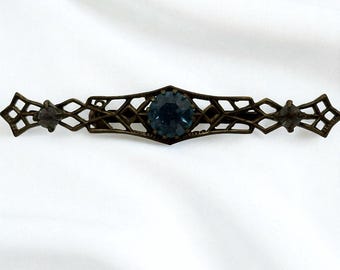 Vintage Bar Brooch Blue Rhinestones Filigree Open Work Ornate Gold Tone Art Deco