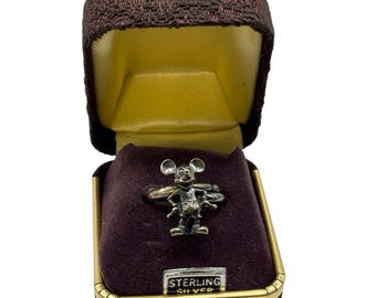 Vintage Mickey Mouse Sterling Silver 925 Disney Adjustable Ring NOS Original Box