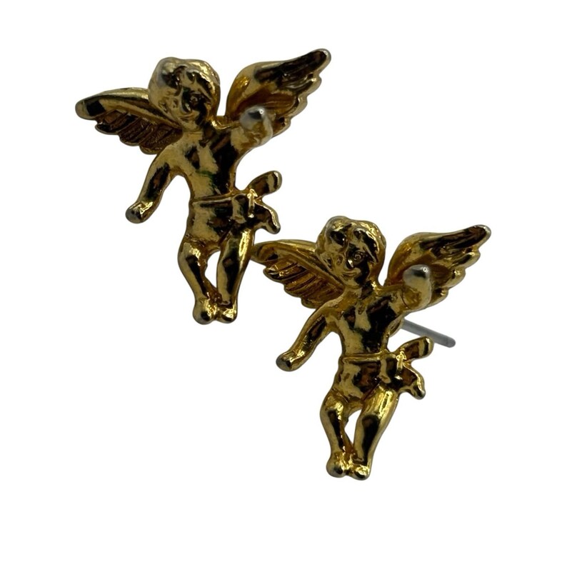 Pendientes de ángel querubín con pasador estilo vintage dorado, religiosos y cristianos. imagen 2