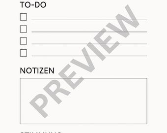 May include: A black and white daily planner with the German word "tagesplaner" at the top. The planner has sections for "Datum", "To-Do", "Notizen", "Stimmung", and "Selfcare".