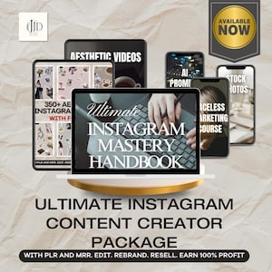 Könnte beinhalten: Ein Laptop-Computer zeigt ein digitales Handbuch mit dem Titel "Ultimate Instagram Mastery Handbook". Das Handbuch ist von verschiedenen digitalen Produkten umgeben, darunter ästhetische Videos, KI-Aufforderungen, Stockfotos und ein Instagram-Marketingkurs.