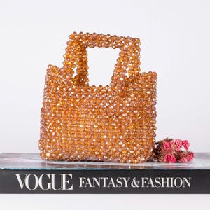 Handmade Beaded Bag, Crystal Bead Purse, Square Handle Evening Clutch, Elegant Party Handbag, Wedding and Special Occasion Bag