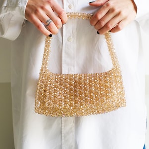 Handbag Handmade Beaded Handbag, Crystal Bead Purse, Triangular Flap, Long Strap Evening Bag, Elegant Wedding and Special Occasion Handbag