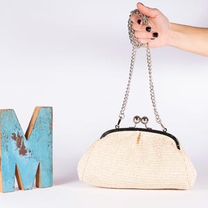 Straw Clutch Bag, Woven Evening Bag, Vintage Purse with Silver Chain, Summer Handbag, Handmade Basket Bag, Italian Fashion
