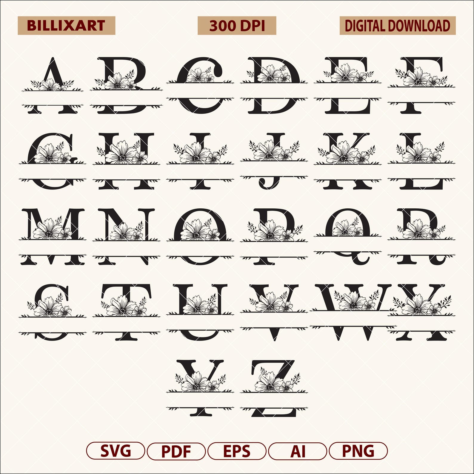 Monogram Divider Floral Alphabet Monogram SVG PNG Bundle A–Z, Elegant Letter Split ...