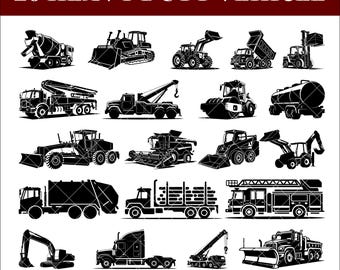 Pacchetto SVG di sagome di veicoli pesanti, clipart di camion da costruzione, escavatore, bulldozer, autocarro con cassone ribaltabile SVG, macchina industriale PNG per Cricut