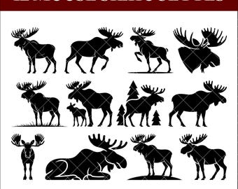 Moose Silhouette Bundle, Moose SVG PNG, Forest Animal Clipart, Deer Family Vector, Wildlife SVG for Cricut and Silhouette