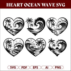 Op de afbeelding: Zwarte en witte hartvormige ontwerpen met oceaangolven en palmbomen. De tekst "HEART OCEAN WAVE SVG" staat bovenaan. Onderin staan bestandsopties: SVG, PDF, EPS, AI en PNG.