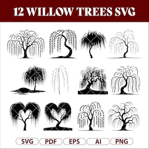 Pilträd SVG-paket, 12 gråtande pilsilhuetter PNG, naturträd Clipart, skogsmarkvektor för Cricut och väggkonst