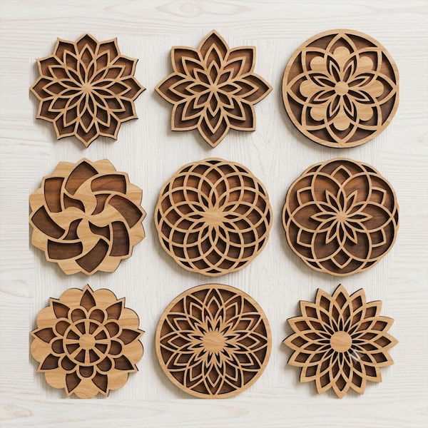 Mandala Coaster SVG Bundle, 9 Mandala Coasters Laser Cut Files, Round Coaster SVG, Wooden Coaster Design, Glowforge Cricut DXF