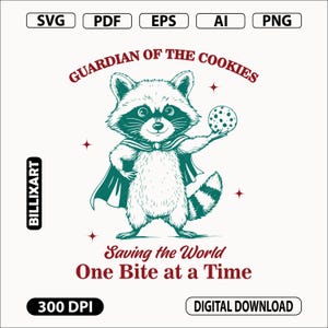 Guardian of the Cookies Saving the World SVG PNG, superheld wasbeer kunst, grappige cartoon dieren T-shirt design, zwart-wit digitale kunst