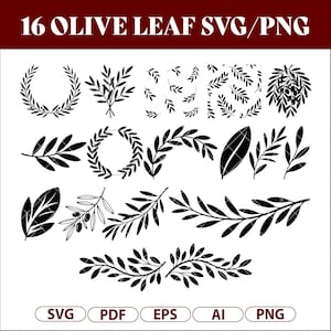 May include: A set of 16 black olive leaf designs available as SVG and PNG files. The image showcases diverse illustrations of olive branches, wreaths, and individual leaves, suitable for digital design. The text "16 OLIVE LEAF SVG/PNG" is displayed at the top.