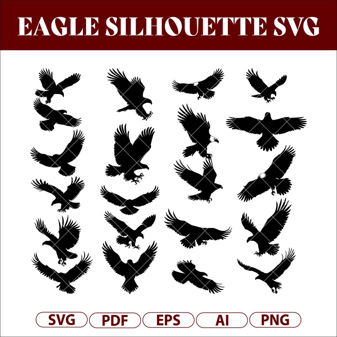Eagle Silhouette Bundle SVG PNG, 20 Flying Eagle Clipart, Bold Black ...