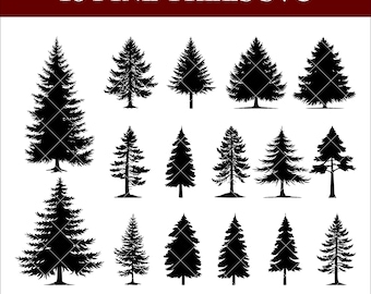 Pine Tree Silhouette Bundle SVG PNG, 16 Black Tree Clipart, Forest Nature Cut Files for Cricut, Camping Outdoors Designs, Vector Download