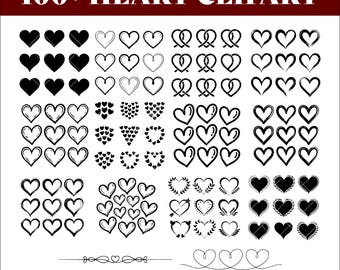 100 Hand Drawn Heart Clipart Bundle, Valentine SVG PNG Pack, Doodle Heart Vector Collection, Digital Download