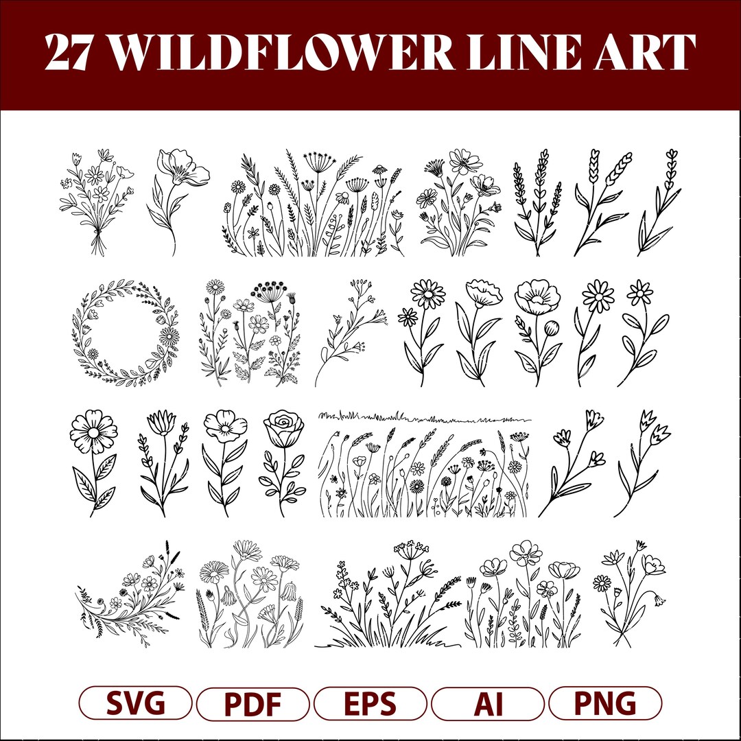 Wildflower Line Art SVG Bundle, Minimal Botanical Floral Outline, Boho ...