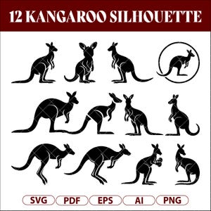 May include: A collection of 12 black kangaroo silhouettes in various poses. The image includes the text "12 KANGAROO SILHOUETTE" at the top and file type indicators like "SVG", "PDF", "EPS", "AI", and "PNG" at the bottom.