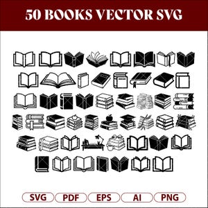 Book SVG Bundle, 50 Book Clipart Designs, Open & Stacked Books Line Art ...