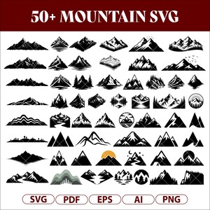 Mountain Silhouette Bundle SVG PNG, 50+ Black and White Mountain Range Clipart, Cricut Outdoor Adventure Cut Files for T-Shirts & Crafts