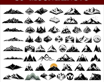 Mountain Silhouette Bundle SVG PNG, 50+ Black and White Mountain Range Clipart, Cricut Outdoor Adventure Cut Files for T-Shirts & Crafts