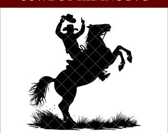 Silueta de vaquero montando a caballo en formato SVG, imágenes prediseñadas de rodeo del oeste (archivos digitales)