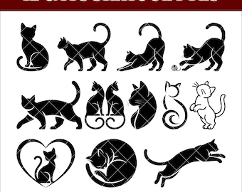 Cat Silhouette SVG Bundle, Cat Clipart PNG, Kitty Outline SVG, Pet Lover Cricut Files, Black Cat Shapes, Instant Download