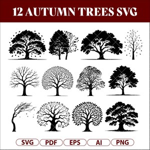 Puede incluir: Gráfico digital con 12 ilustraciones en silueta negra de árboles otoñales. Los árboles varían en forma y densidad de hojas, algunos mostrando ramas desnudas. El texto "12 AUTUMN TREES SVG" está en la parte superior, e iconos de tipo de archivo en la parte inferior.